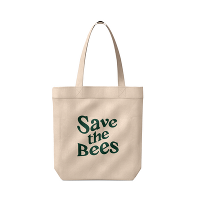 Beige tote bag with 'Save the Bees' text on a white background