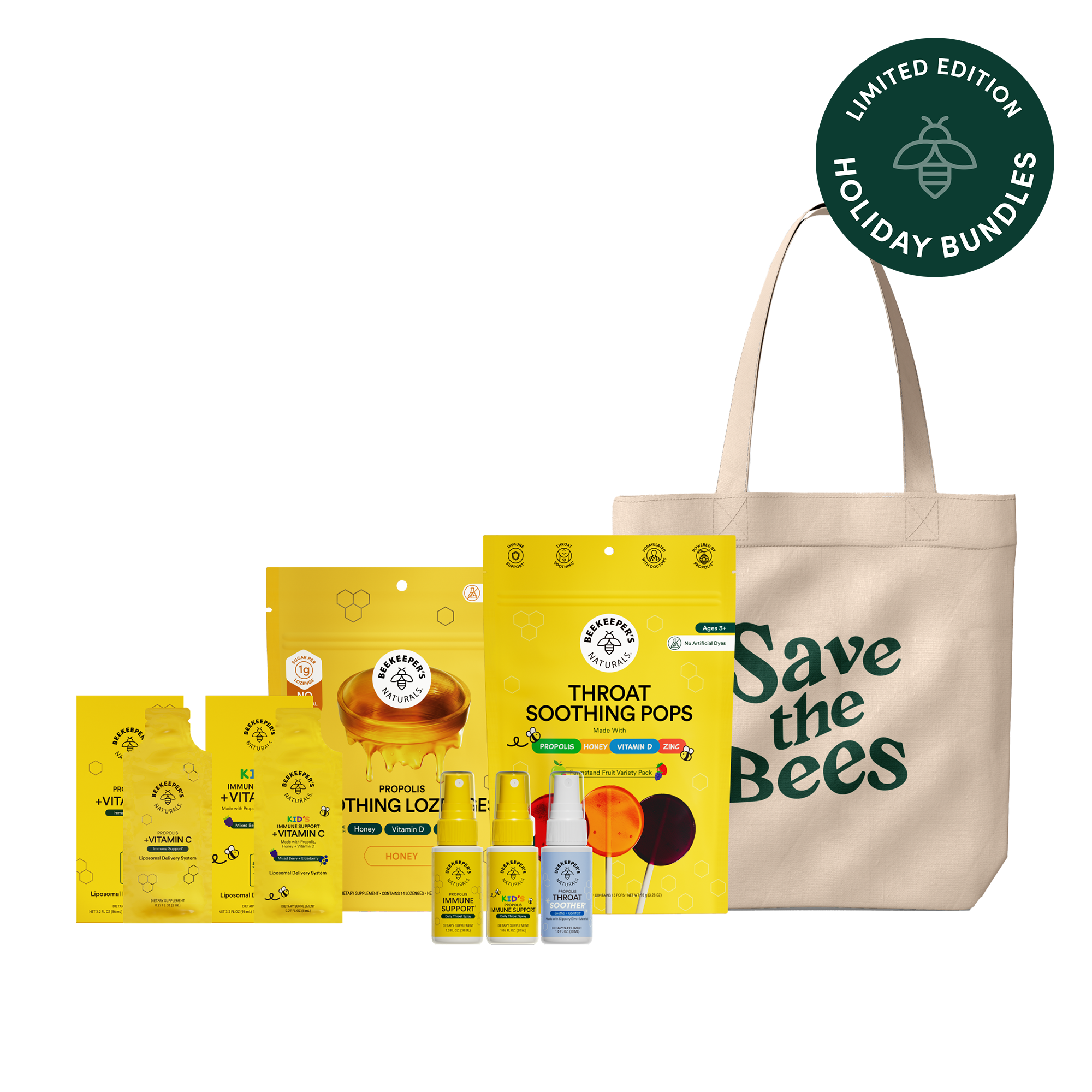 Collection of health and wellness products including a tote bag with 'Save the Bees' text on a white background.