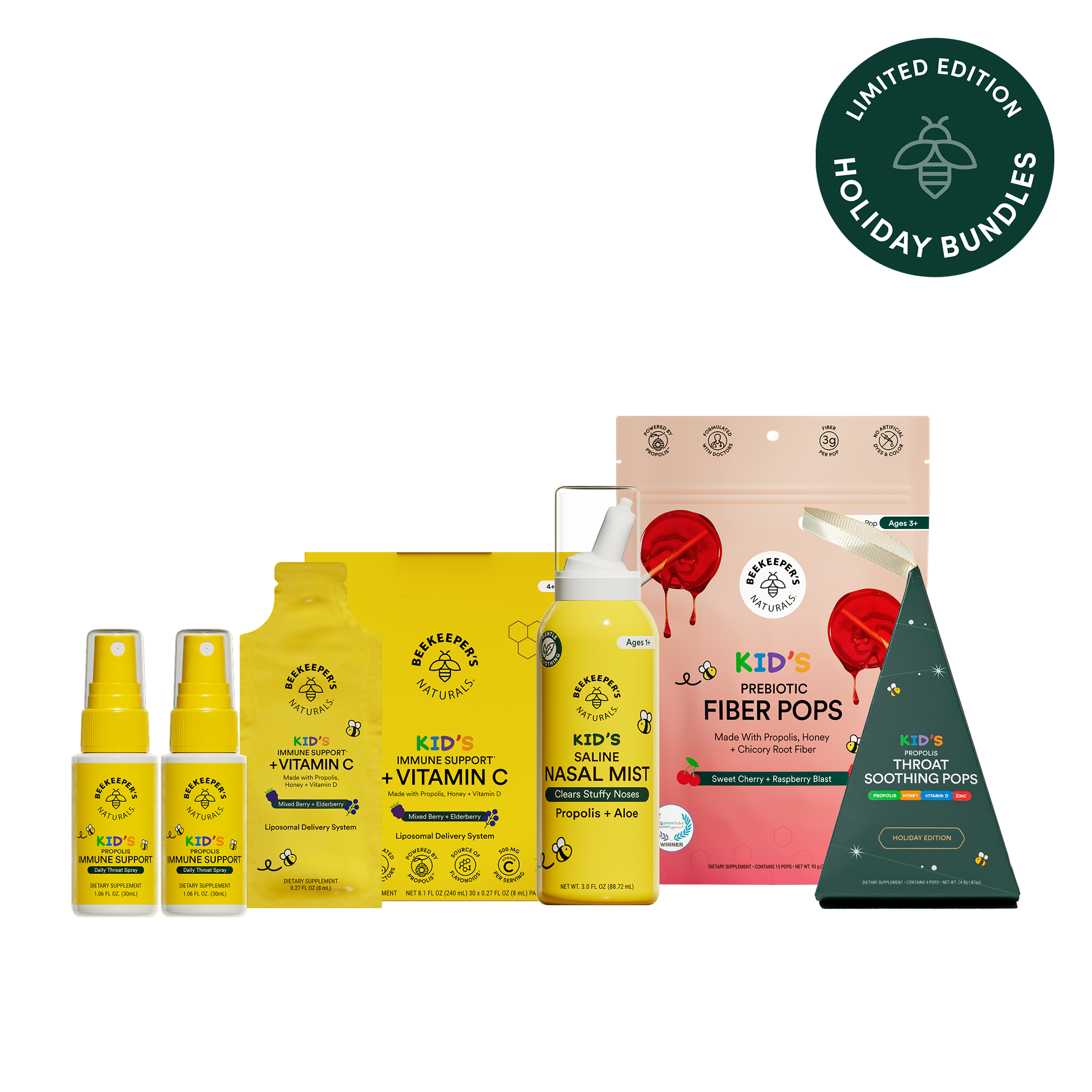 Collection of health and wellness products including nasal mist, fiber pops, and vitamin C supplement on a white background.