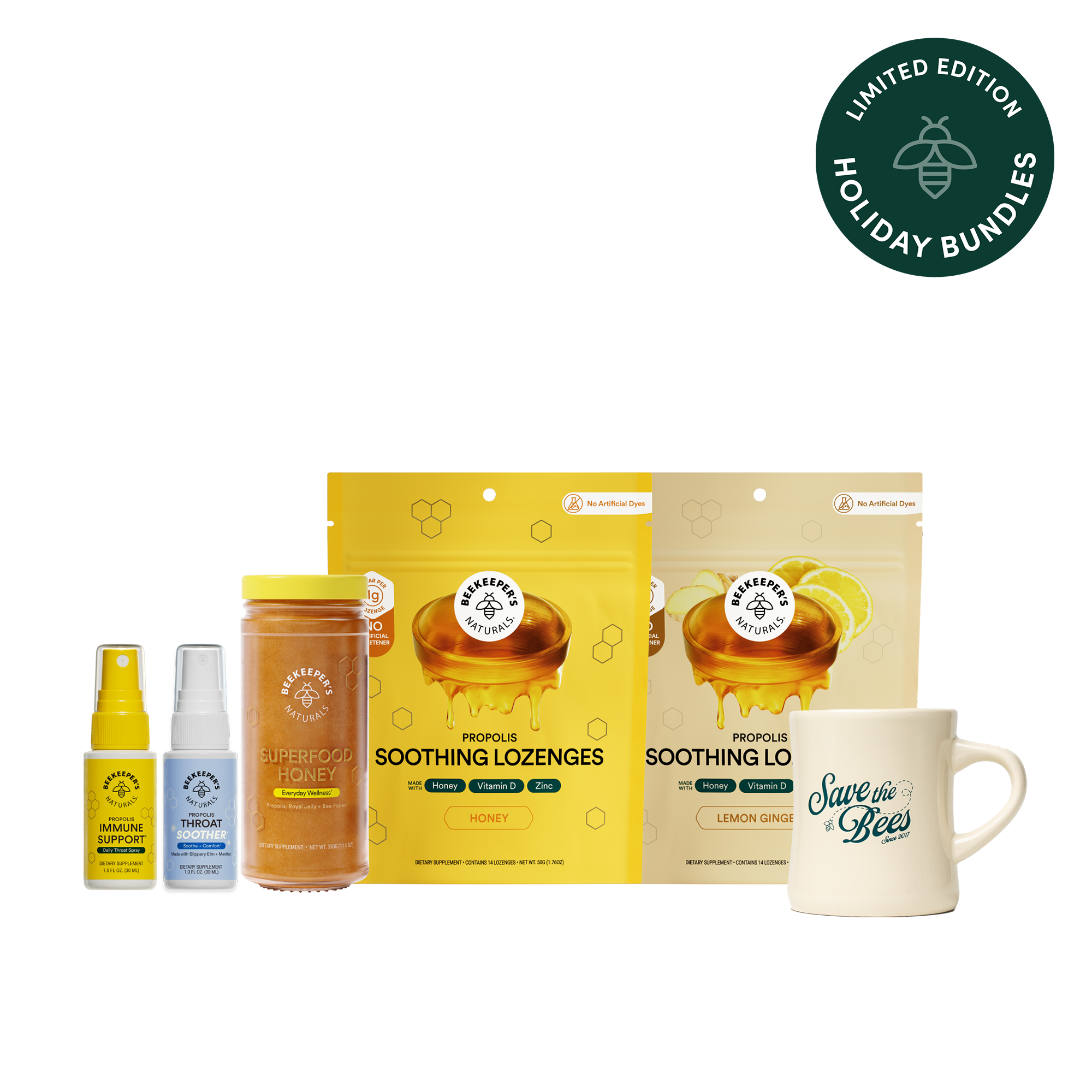 Collection of honey products including lozenges, spray, jar, and mug with 'Save the Bees' message on a white background.
