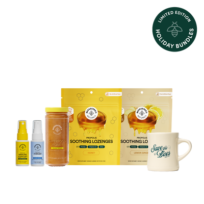 Collection of honey products including lozenges, spray, jar, and mug with 'Save the Bees' message on a white background.