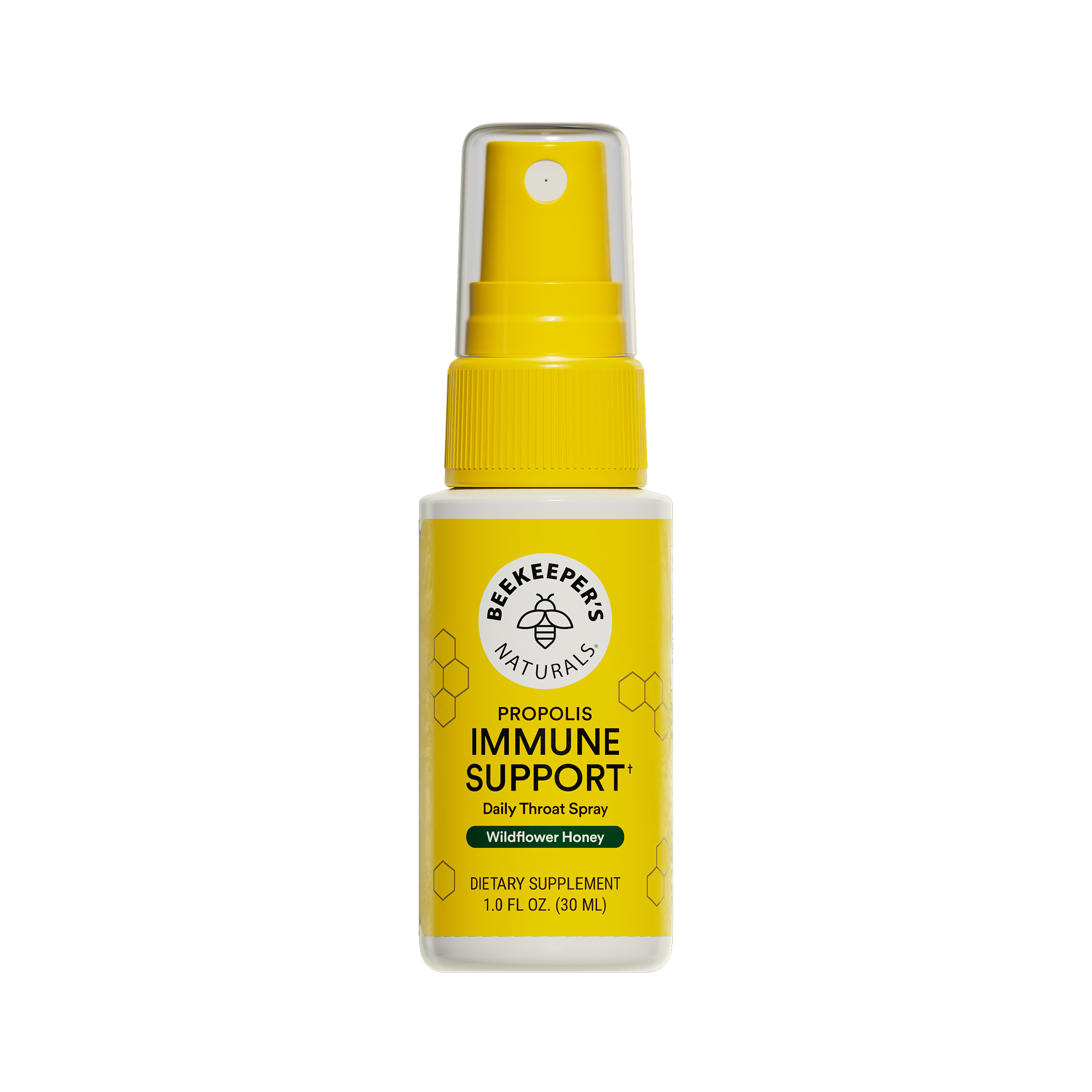 Yellow spray bottle labeled 'Beekeeper's Naturals Immune Support' on a white background