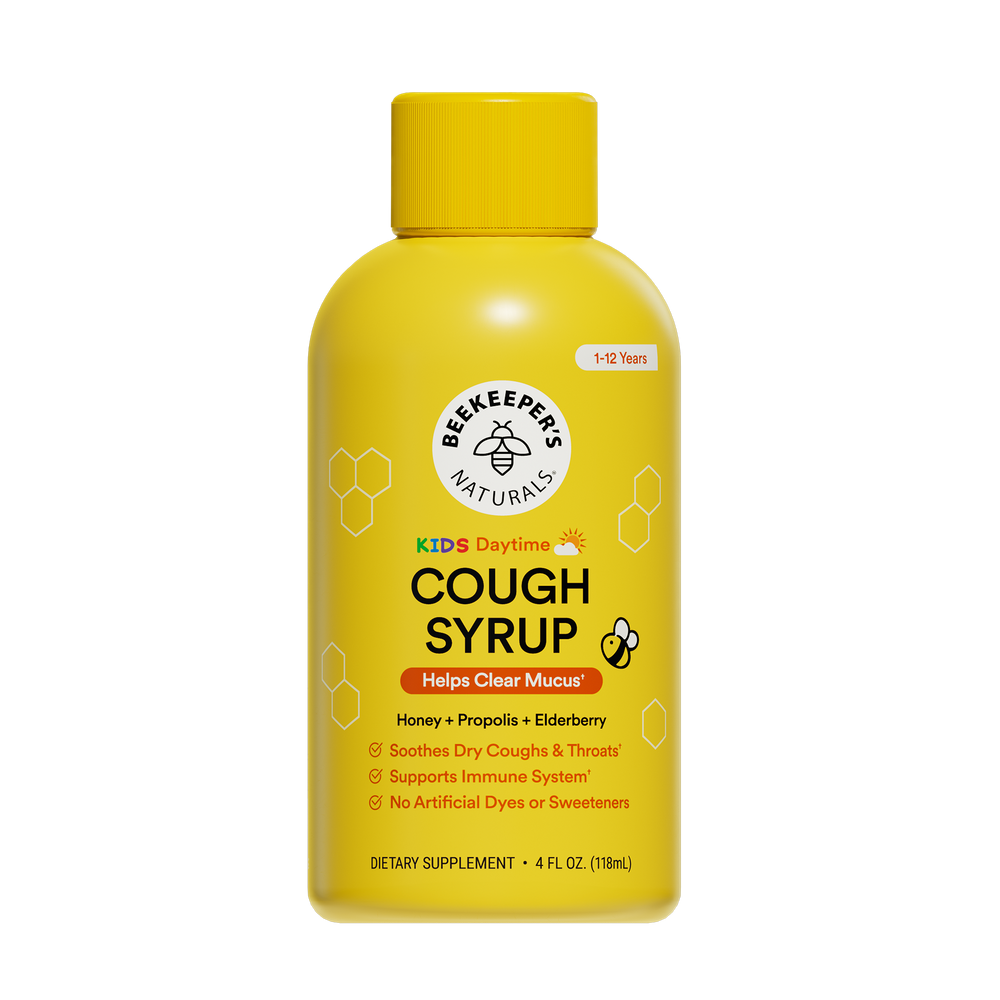 Yellow bottle of Beekeeper's Naturals Kids Daytime Cough Syrup on a white background
