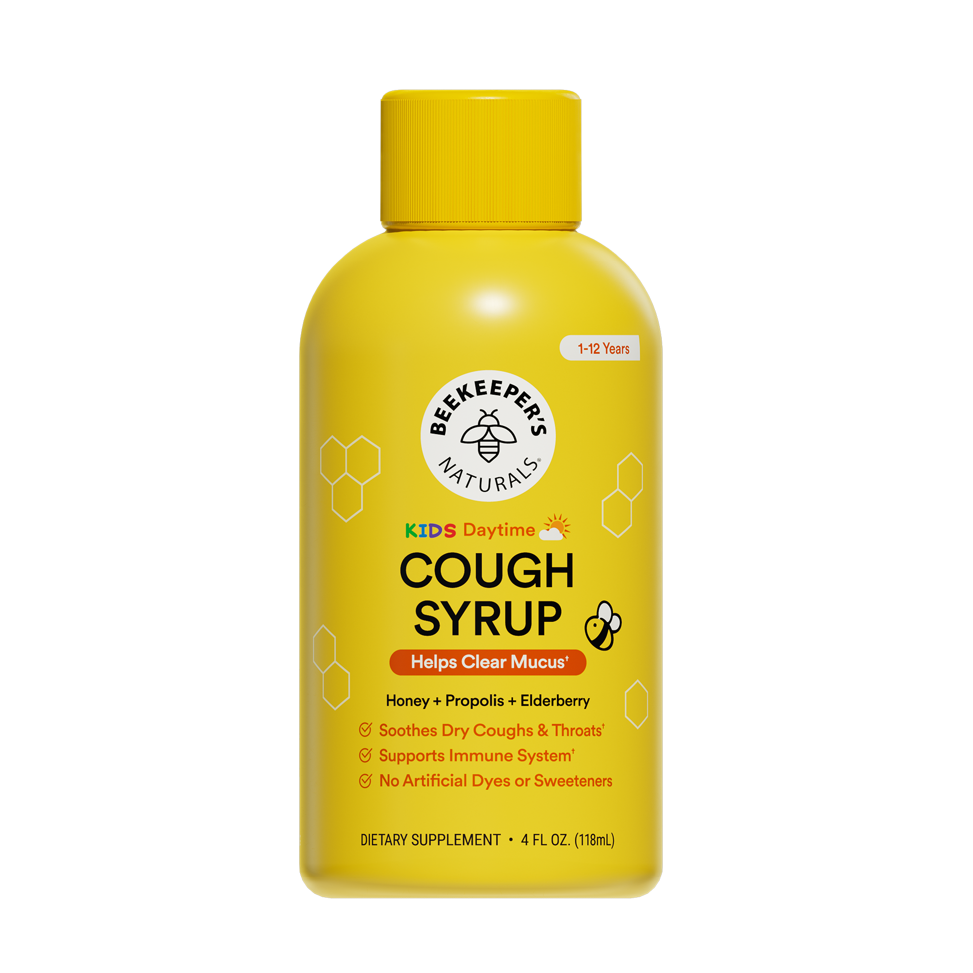 Yellow bottle of Beekeeper's Naturals Kids Daytime Cough Syrup on a white background