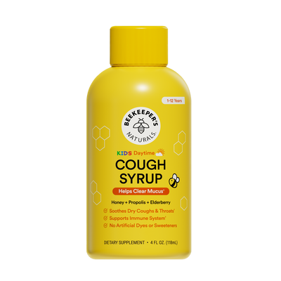 Yellow bottle of Beekeeper's Naturals Kids Daytime Cough Syrup on a white background