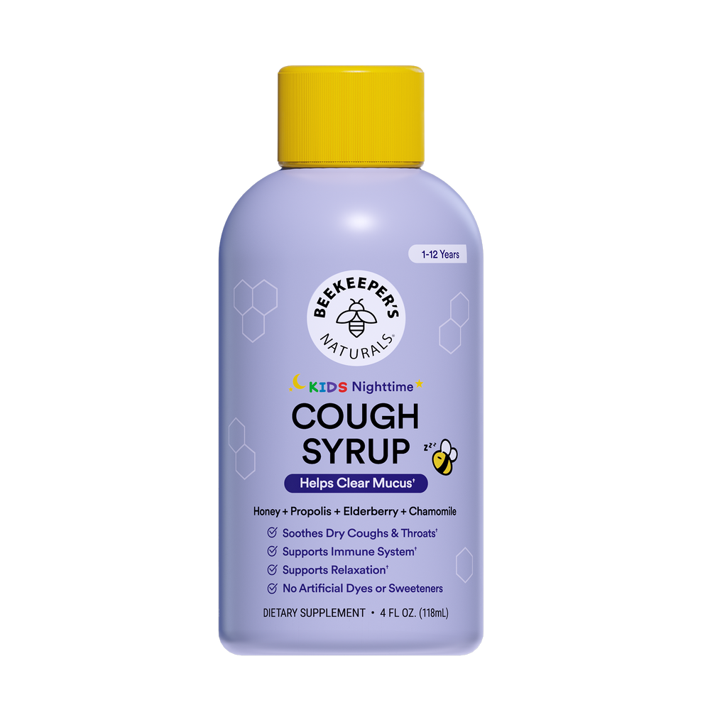 Beekeeper's Naturals Kids Nighttime Cough Syrup bottle on a white background