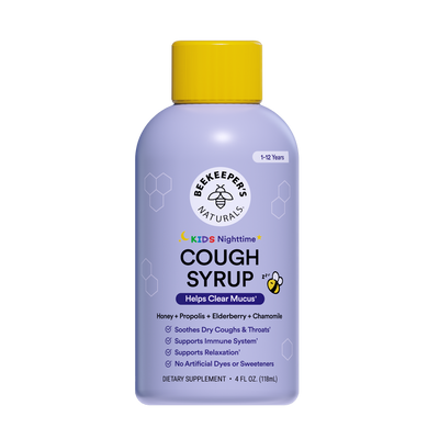 Beekeeper's Naturals Kids Nighttime Cough Syrup bottle on a white background