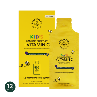 Kid's Immune Support + Vitamin C packets. Natural supplement for kids, with mixed berry & elderberry flavor. Features