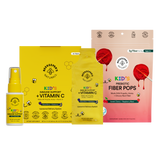 Beekeepers Naturals health products including kids immune support supplement, fiber pops, and vitamin C on a white background.