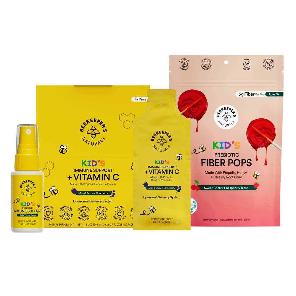 Beefeater Naturals health products including kids immune support supplement, fiber pops, and vitamin C on a white background.