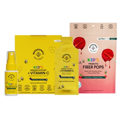 Beekeepers Naturals health products including kids immune support supplement, fiber pops, and vitamin C on a white background.