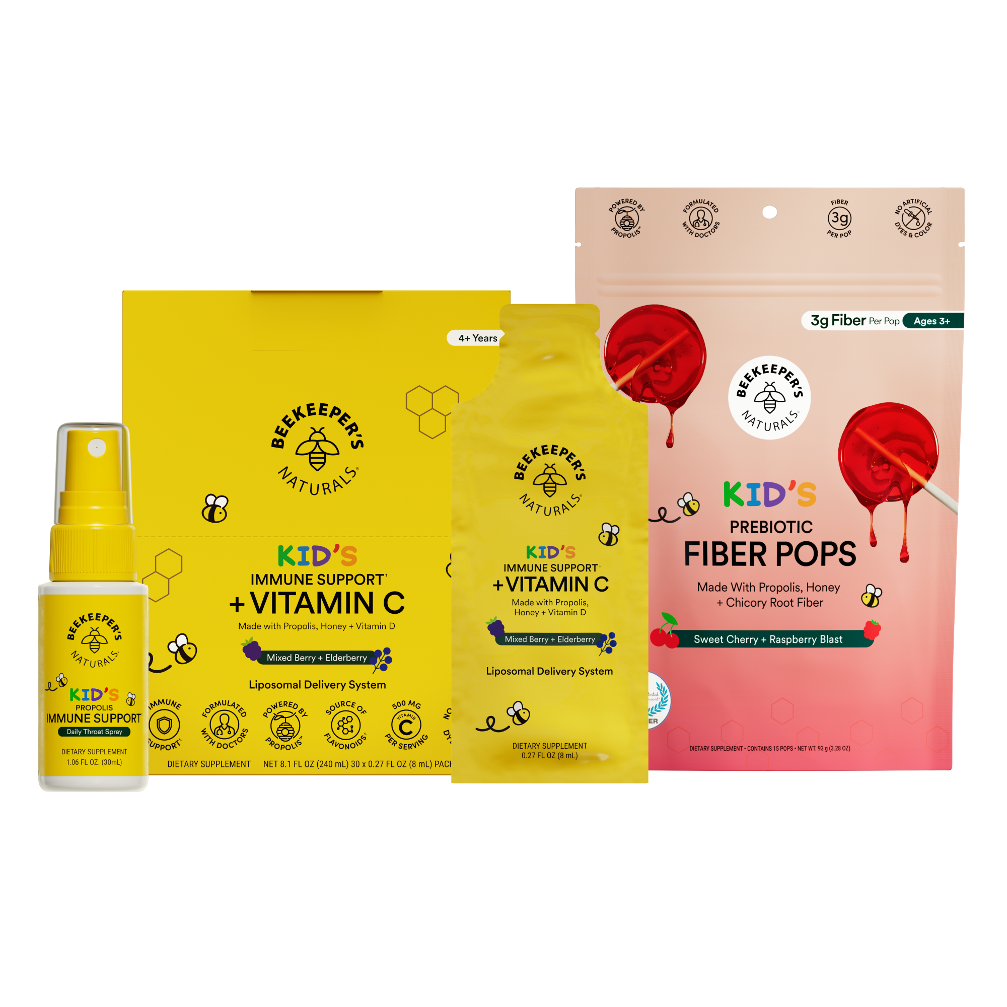 Beefeater Naturals health products including a kids spray bottle and two packaging on a white background