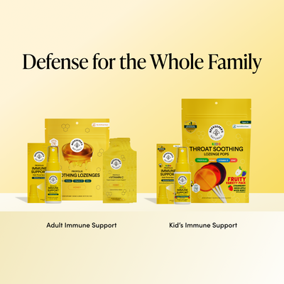 A promotional graphic showing multiple yellow and gold packages of the same brand's immune support products, including adult immune support and kids' immune support, under the headline 'Defense for the Whole Family' on a pale yellow background.