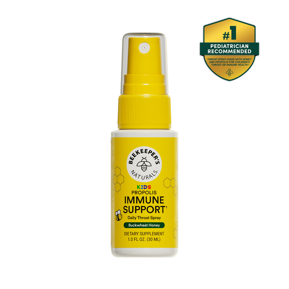 Yellow immune support spray bottle with Beekeeper's Naturals branding on a white background