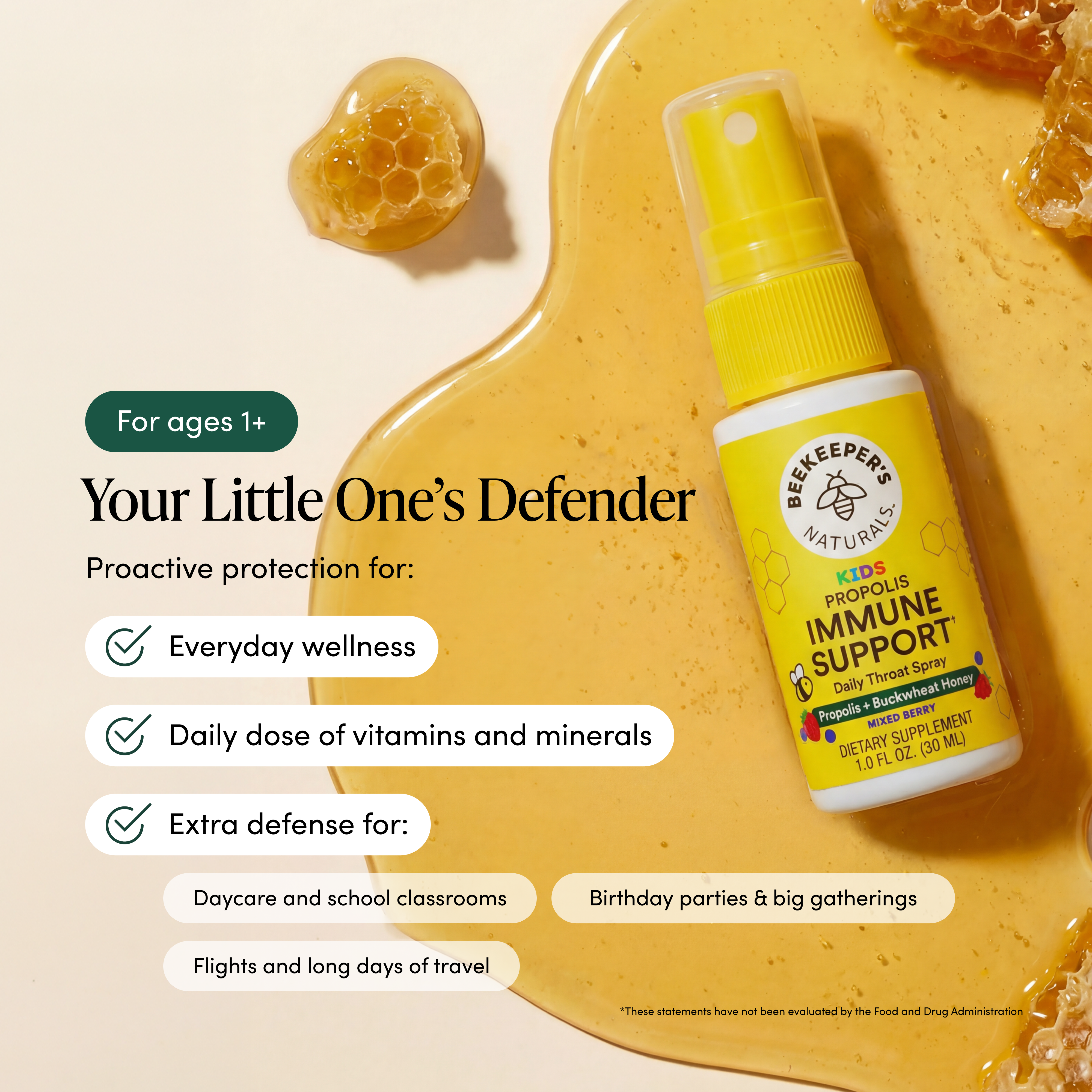 A bottle of Beekeeper Naturals Kids Proactive Defense Immune Support syrup tincture shown on a honey-themed background with text callouts for ages 1+ and product benefits.
