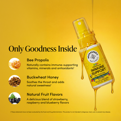 A bottle of Beekeepers Natural Bee Propolis Immune Support syrup hanging against a bright yellow background with honey dripping from the top. Text on the left reads 'Only Goodness Inside' with three benefit callouts: Bee Propolis, Buckwheat Honey, and Natural Fruit Flavors, each with a small icon.