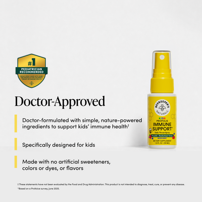A bottle of Beechworth Natural Immune Support spray on a light gray background with marketing text and a pediatrician recommendation badge. The product bottle is yellow and white with a yellow spray top.