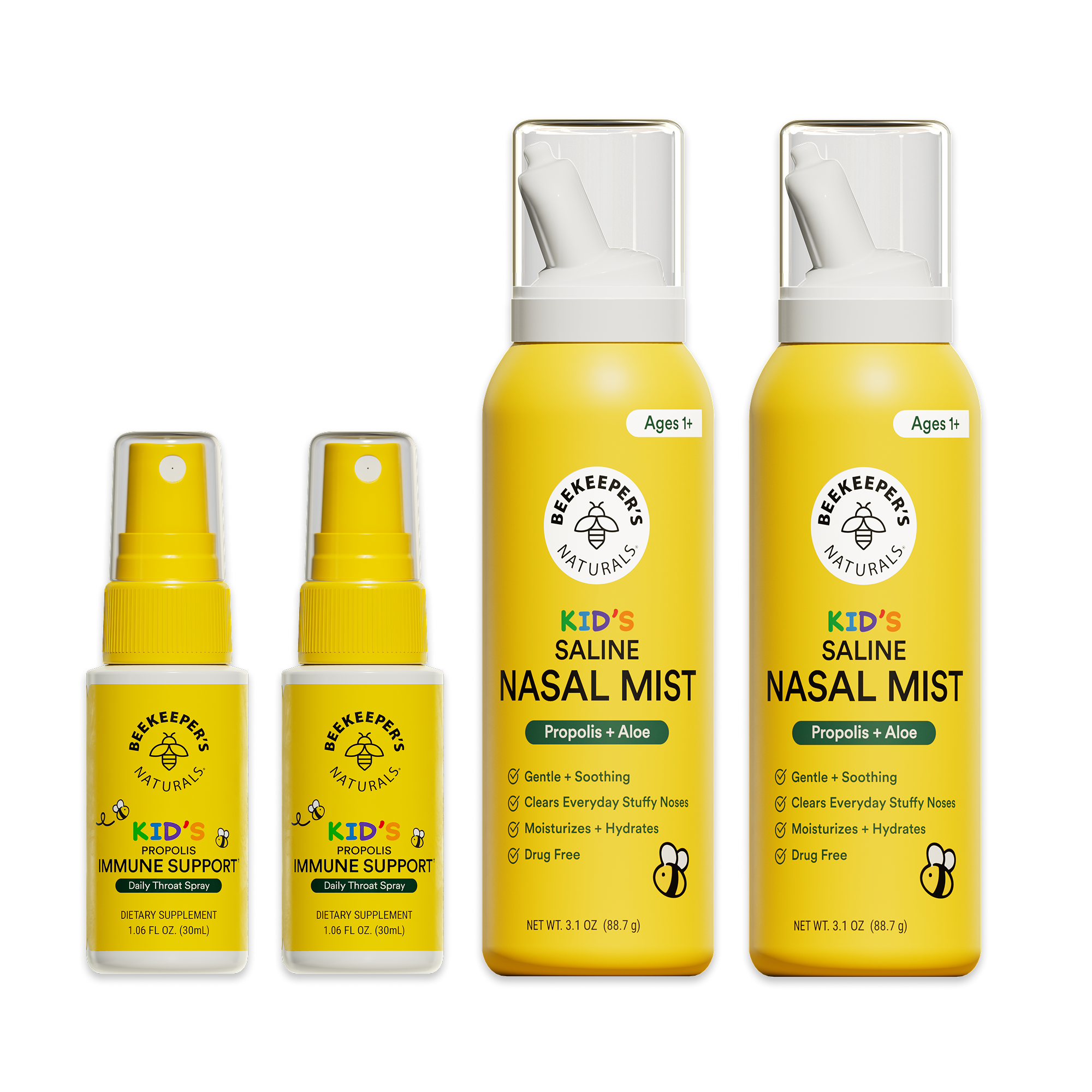 Set of Beekeeper's Naturals Kids' Saline Nasal Mist and immune support products on a white background