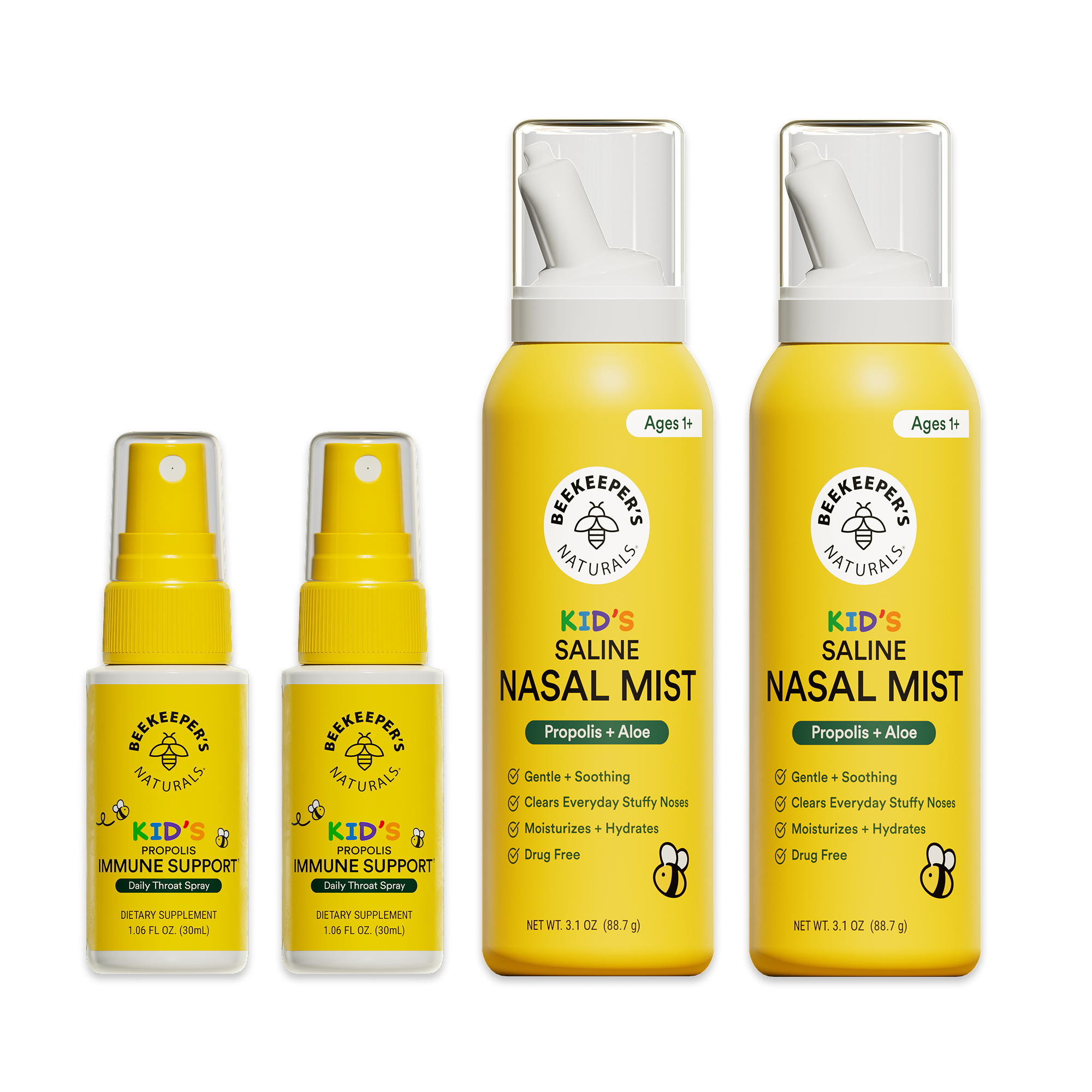 Set of Beekeeper's Naturals Kids' Saline Nasal Mist and immune support products on a white background