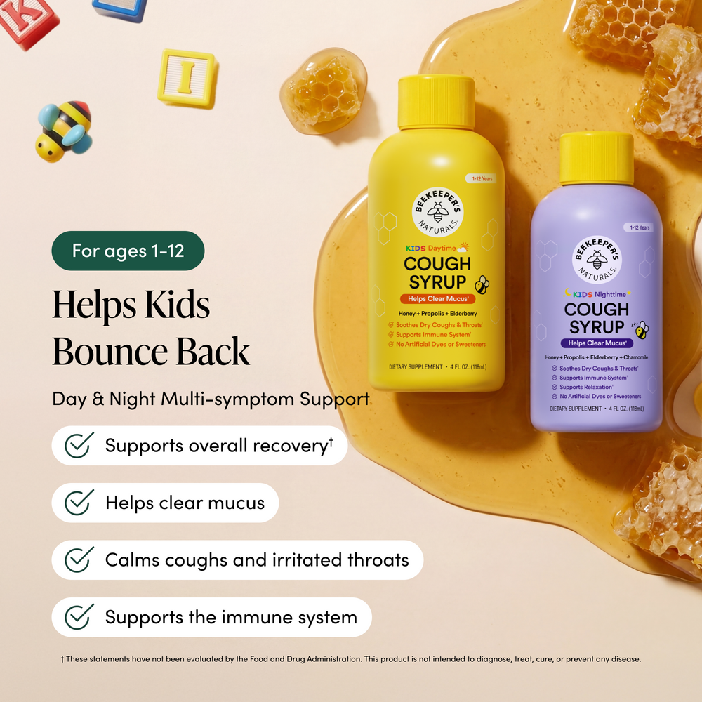 Two bottles of Rucker & Son's Naturals Cough Syrup on a honeycomb background with text highlighting product benefits.