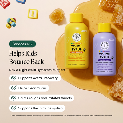 Two bottles of Rucker & Son's Naturals Cough Syrup on a honeycomb background with text highlighting product benefits.