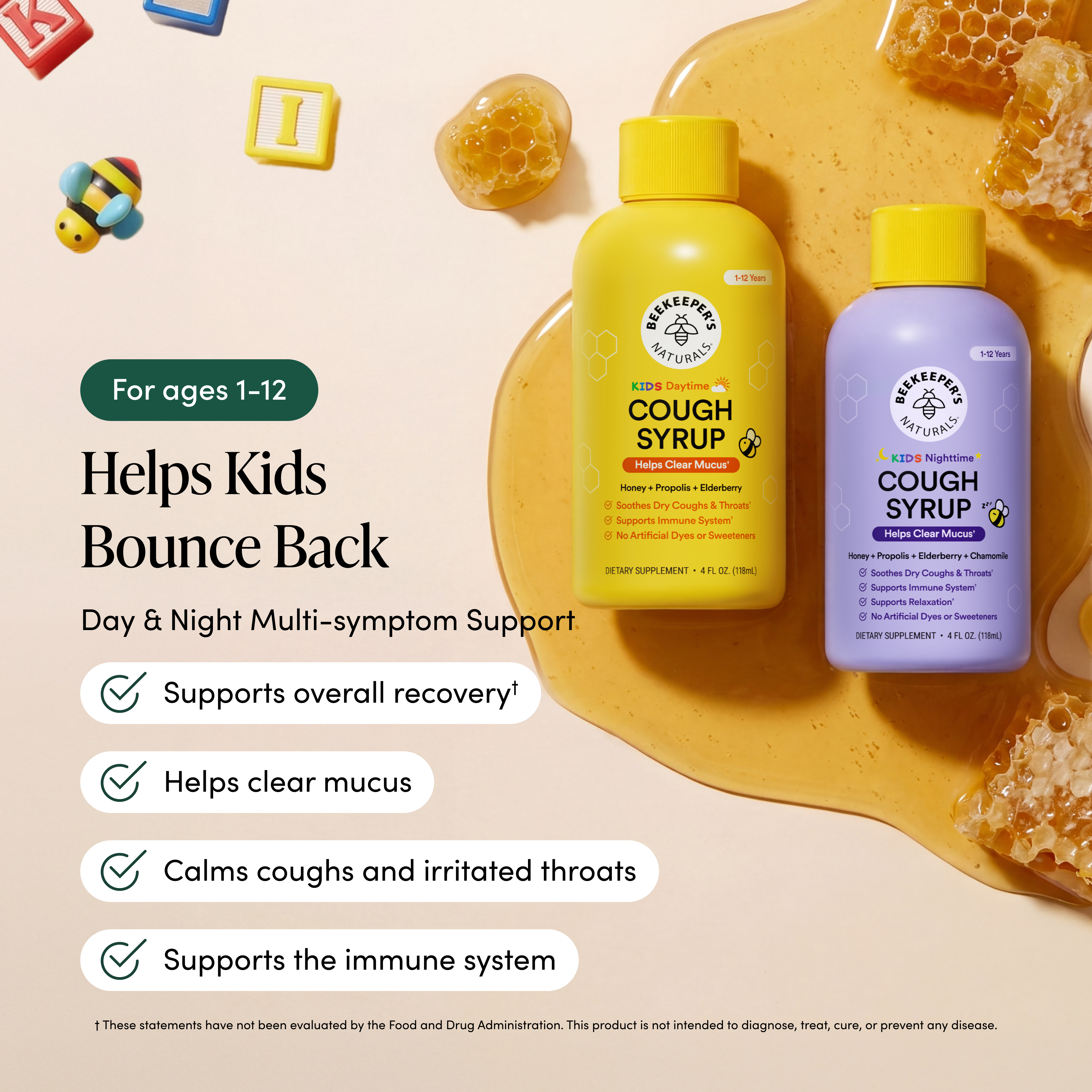 Two bottles of Rucker & Son's Naturals Cough Syrup on a honeycomb background with text highlighting product benefits.