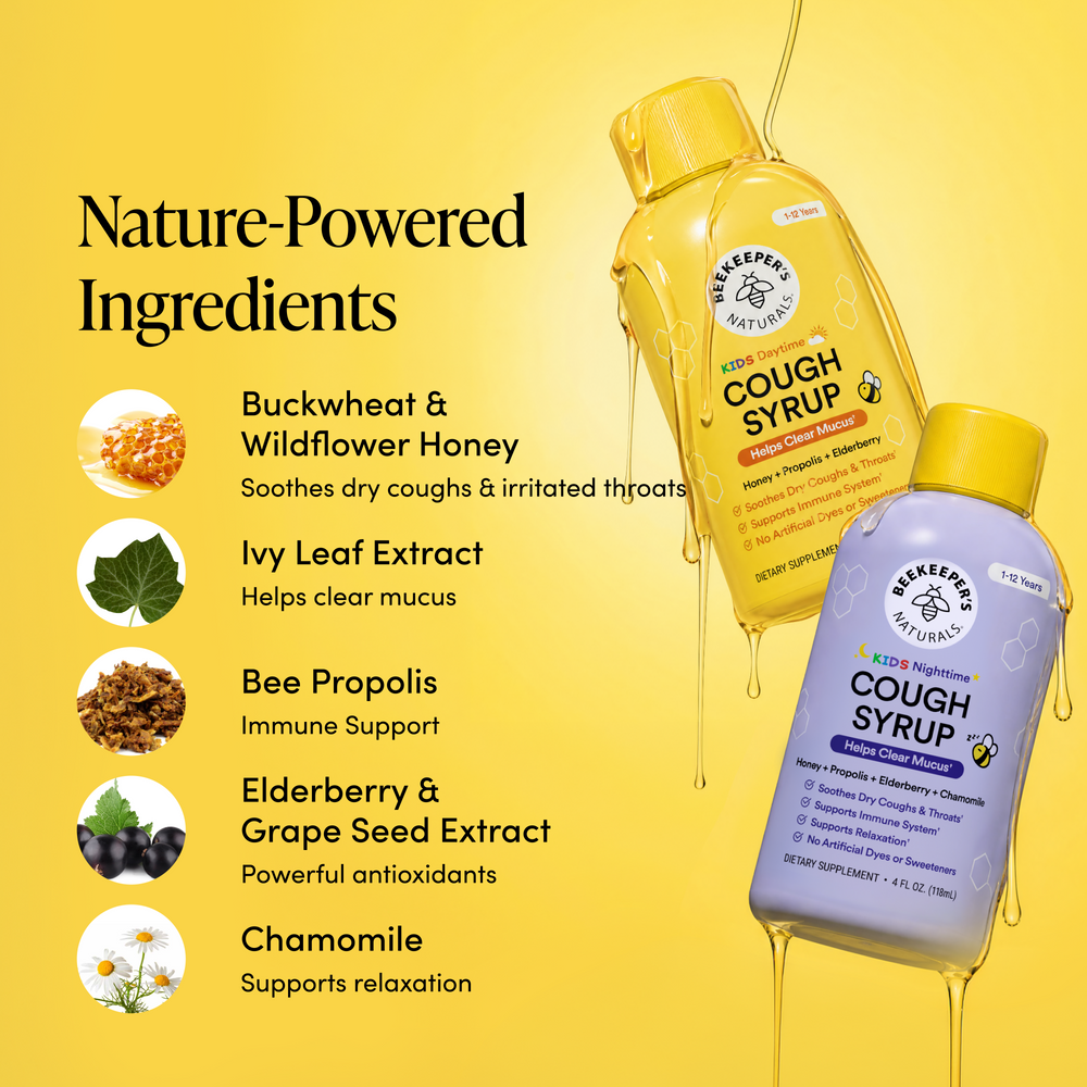 Two bottles of Beekeeper's Naturals cough syrup on a yellow background with ingredient list.