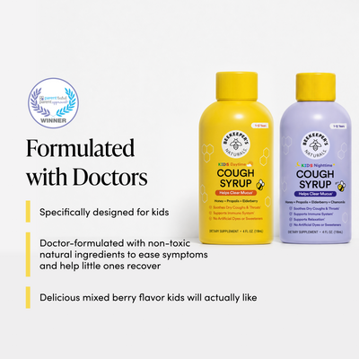 Two bottles of Beekeeper's Naturals Kids Cough Syrup on a white background with product details.