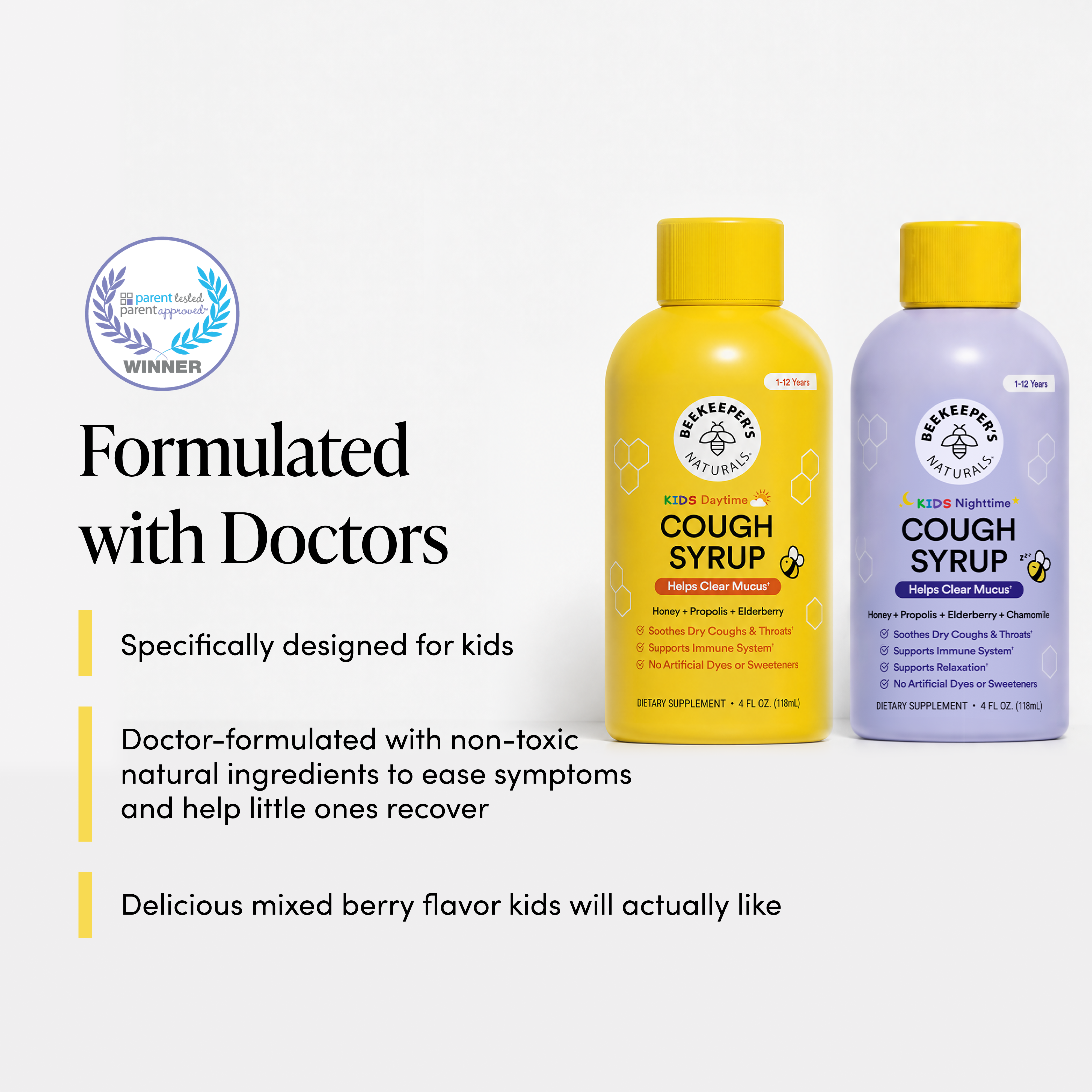 Two bottles of Beekeeper's Naturals Kids Cough Syrup on a white background with product details.