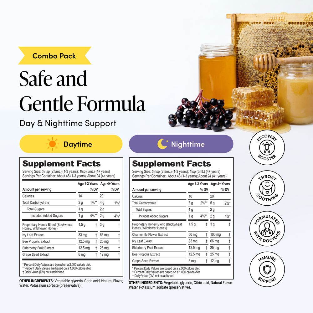 Supplement packaging with honey, berries, and a beehive on a white background