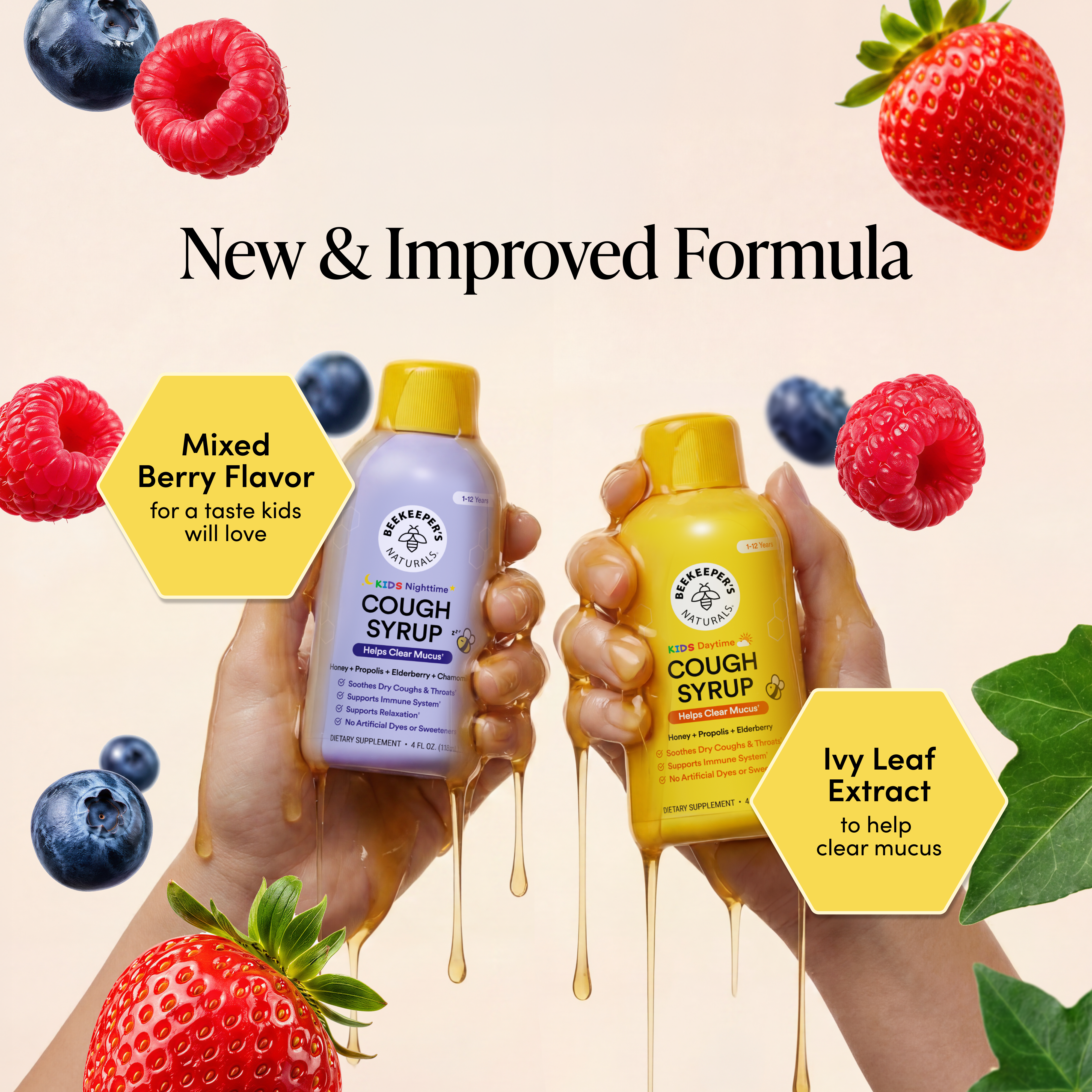 Two bottles of cough syrup with mixed berry flavor, held by hands, surrounded by berries and leaves.