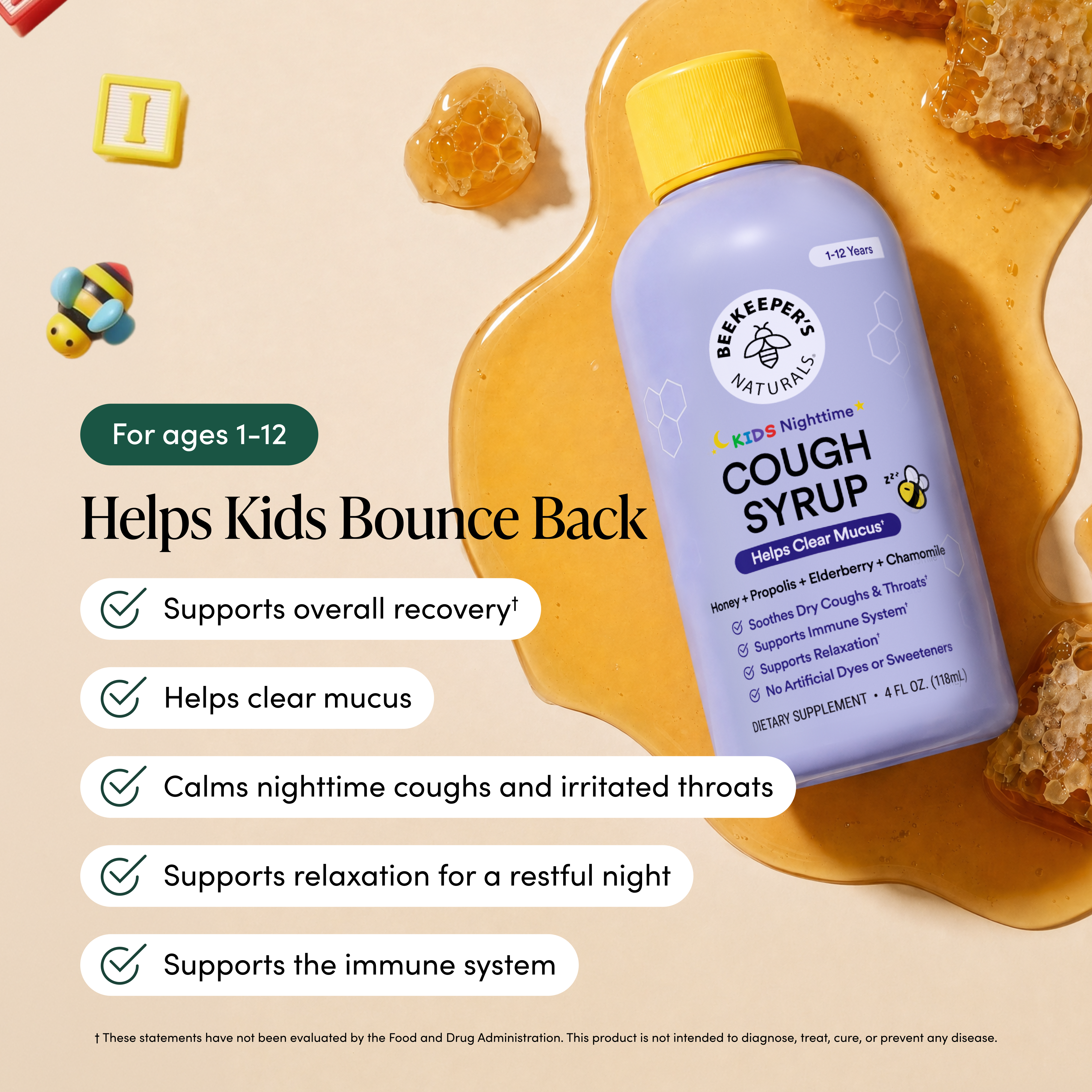 Beekeeper's Naturals Kids Nighttime Cough Syrup bottle with honeycomb and honey on a beige background