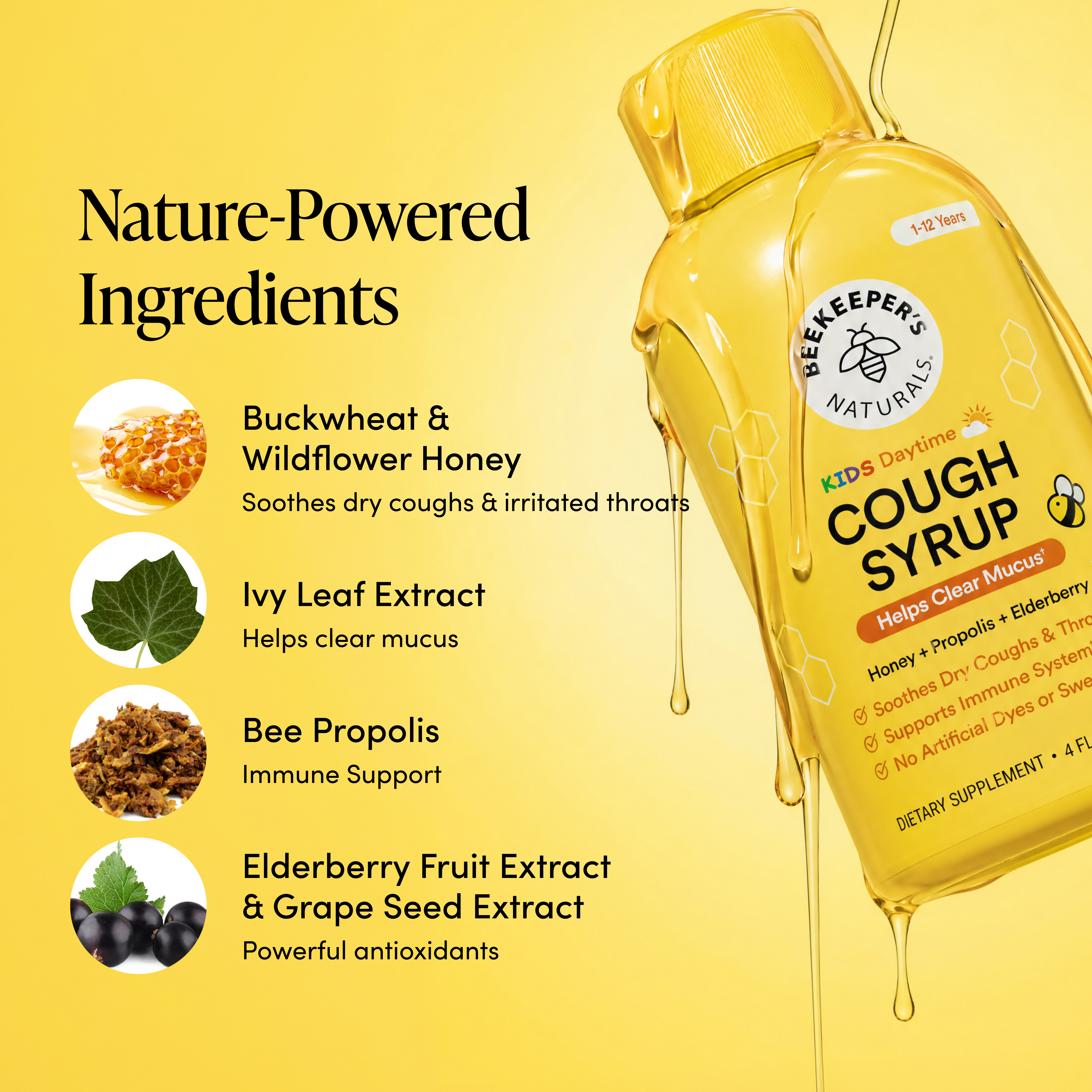 Beekeeper's Naturals Kids Cough Syrup bottle with nature-powered ingredients on a yellow background
