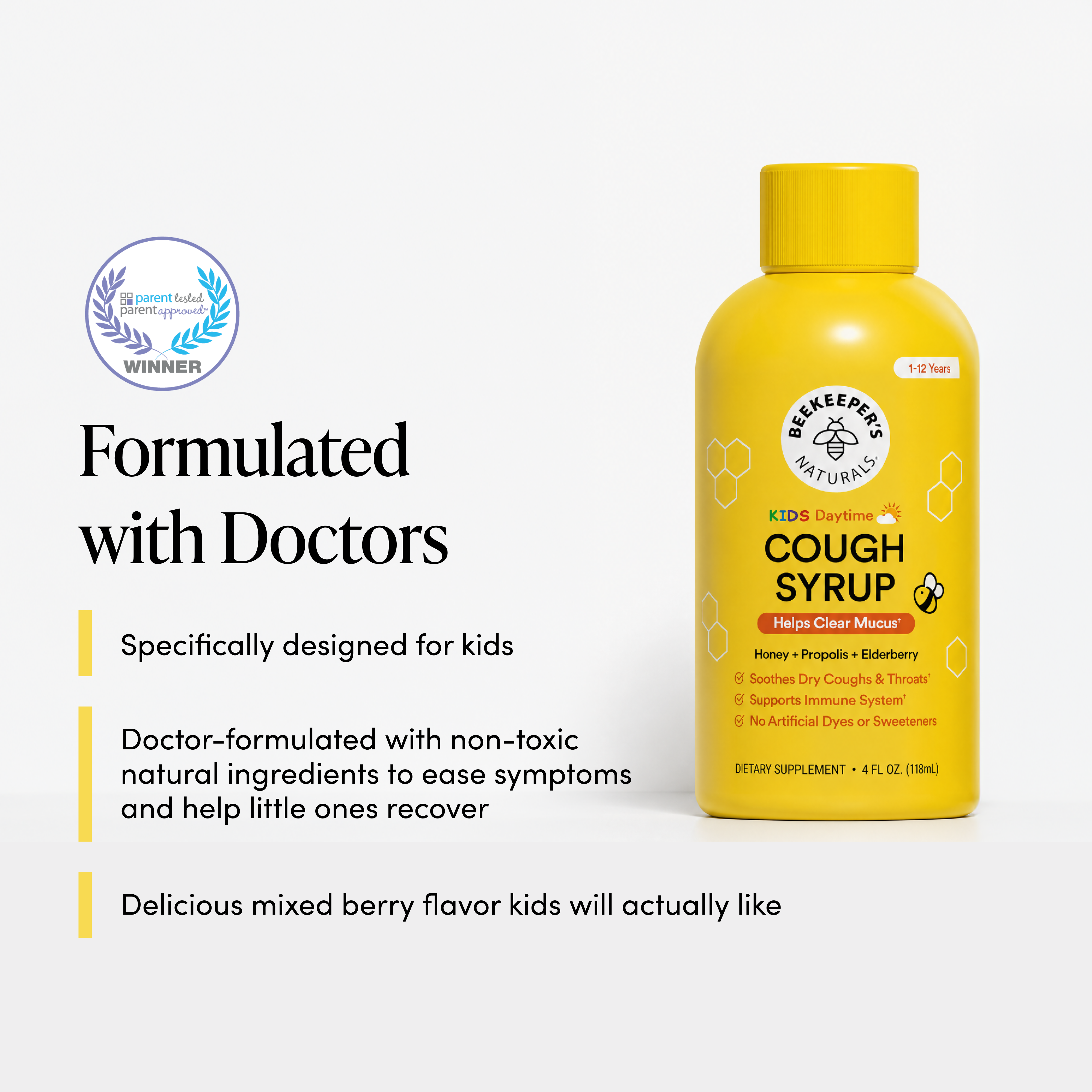 Yellow bottle of Beekeeper's Naturals Kids Cough Syrup on a white background with product details.