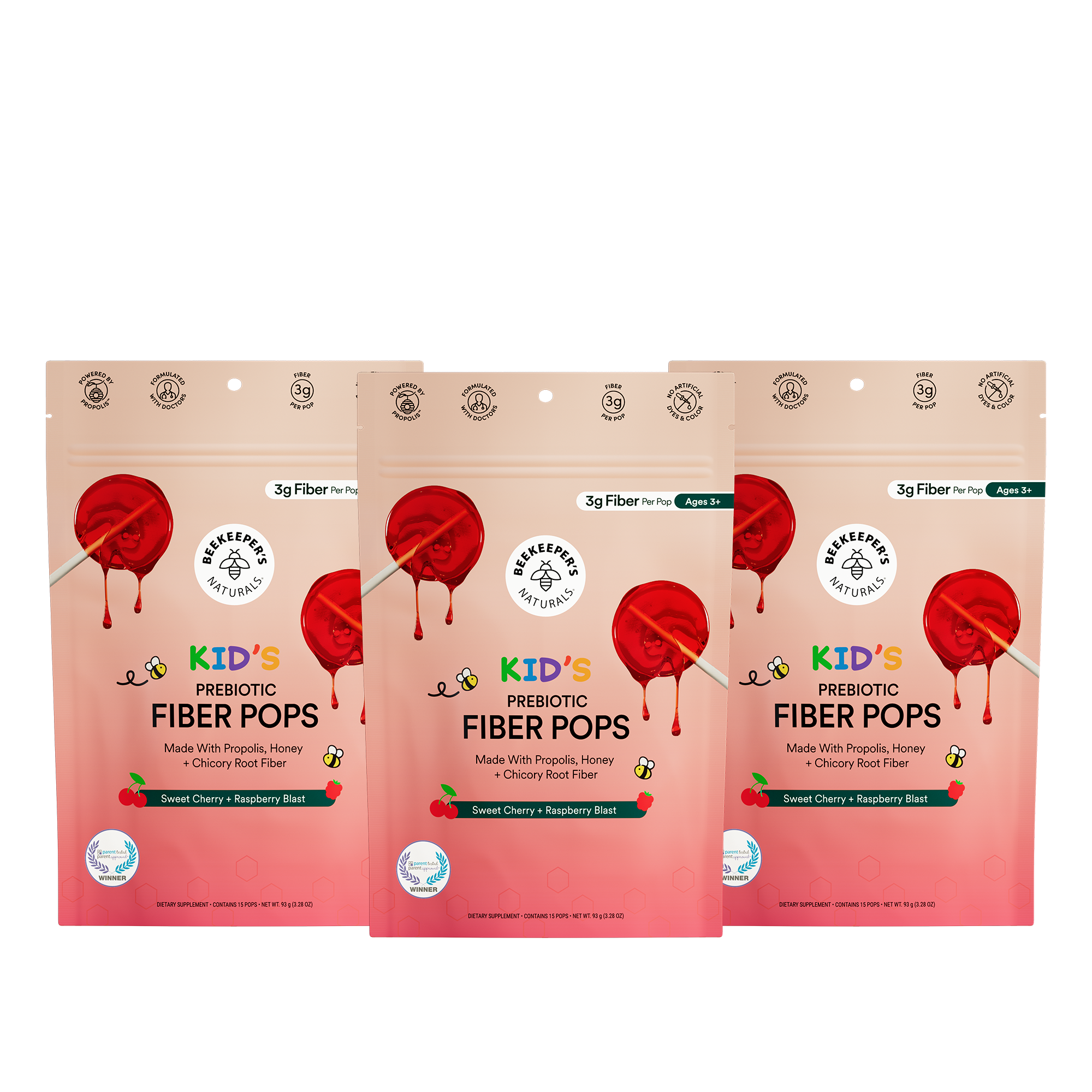 Three packages of Kids' Prebiotic Fiber Pops on a white background