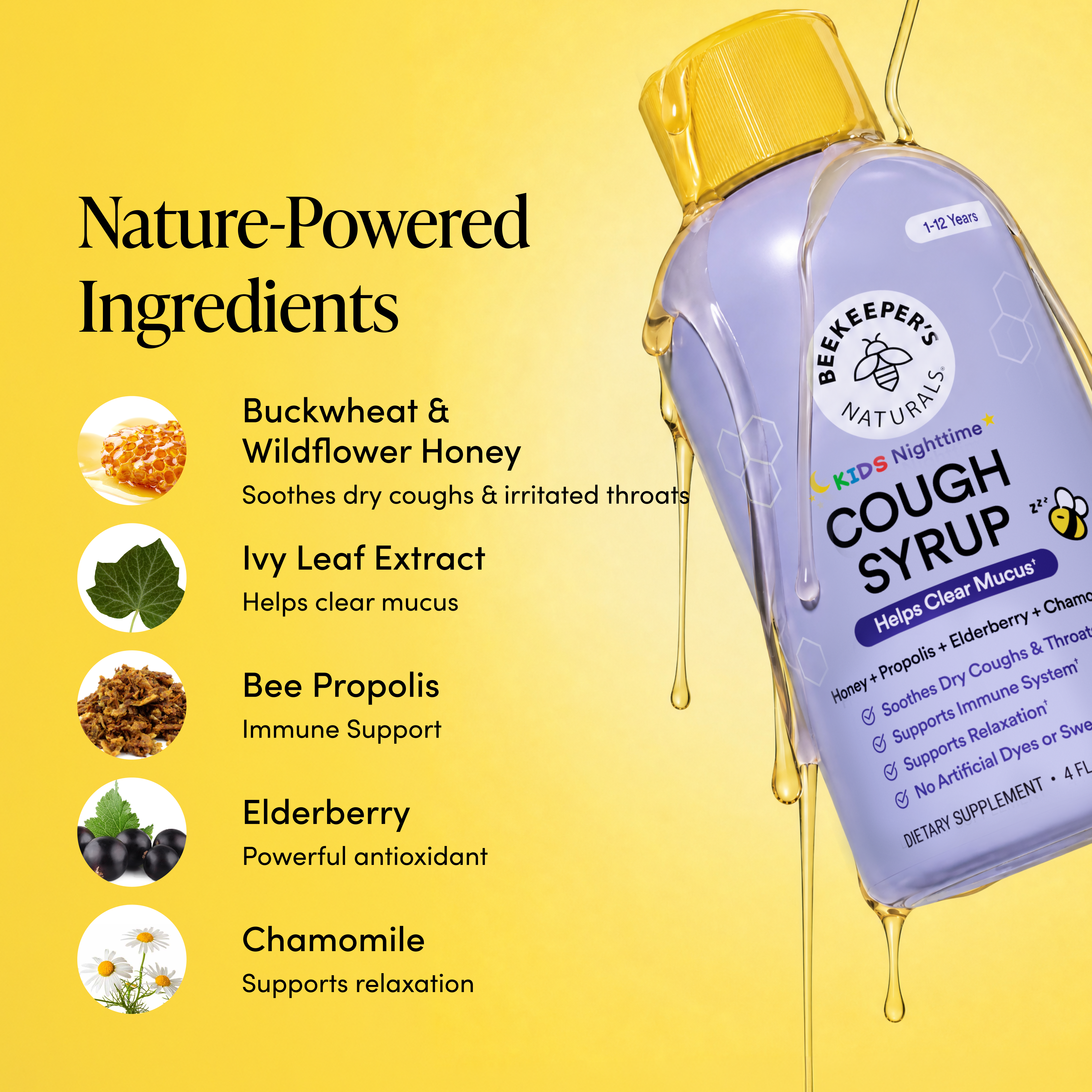 Beekeeper's Naturals Kids Nighttime Cough Syrup bottle with ingredients listed on a yellow background