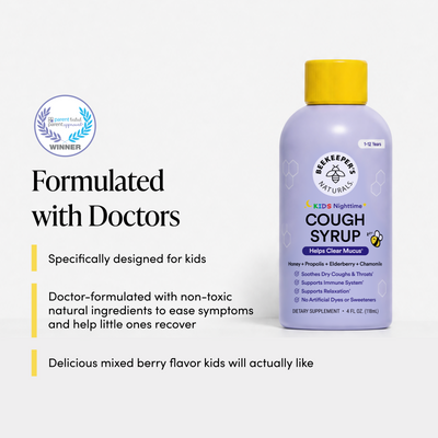 Beekeeper's Naturals Kids Cough Syrup bottle with text about formulation by doctors and ingredients.