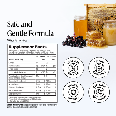 Supplement facts label with honey, berries, and honeycomb on a white background