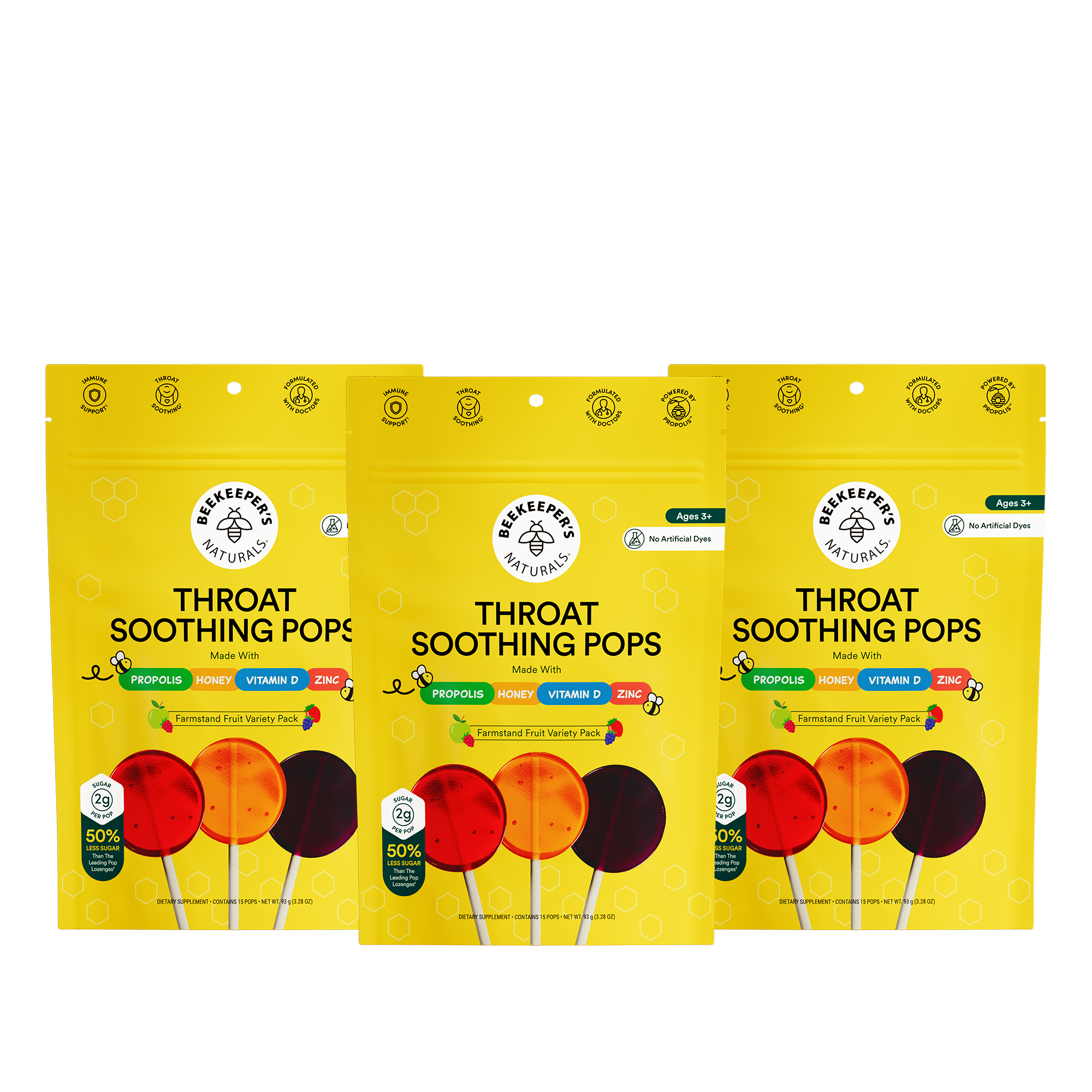 Three packages of Beekeepers Naturals Throat Soothing Pops on a white background