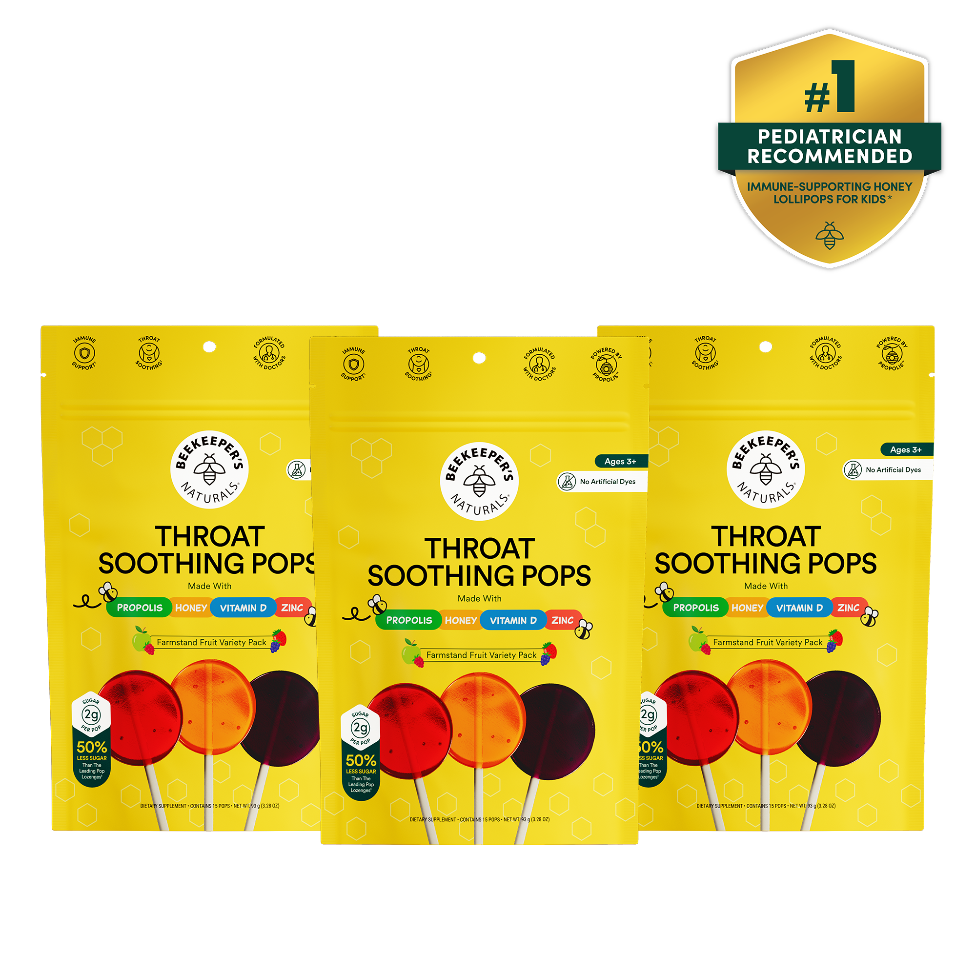 Three packages of Throat Soothing Pops with a pediatrician-recommended badge on a white background.