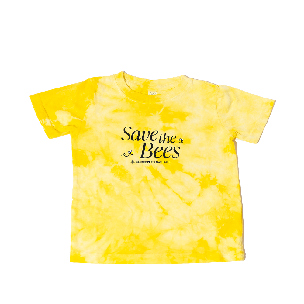 Yellow tie-dye t-shirt with 'Save the Bees' text on a white background