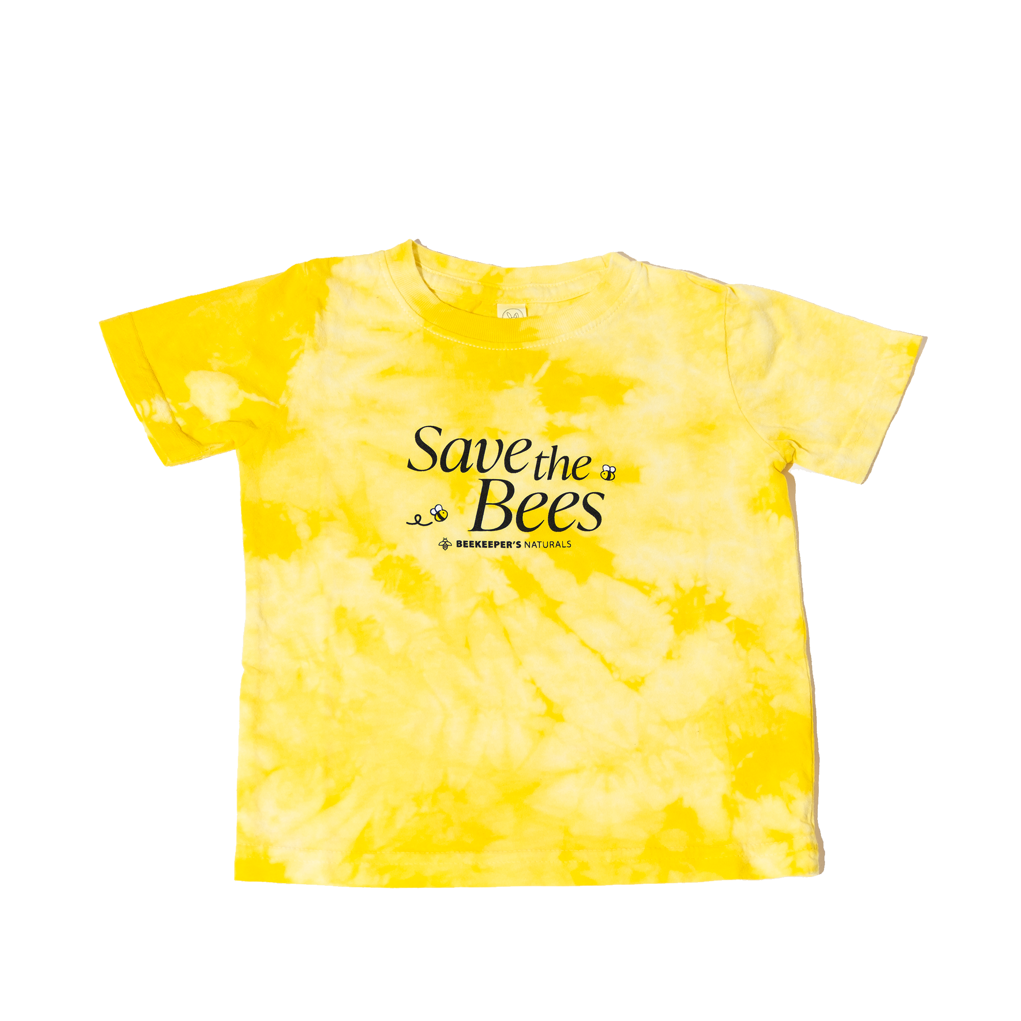 Yellow tie-dye t-shirt with 'Save the Bees' text on a white background
