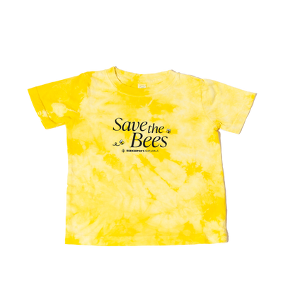 Yellow tie-dye t-shirt with 'Save the Bees' text on a white background