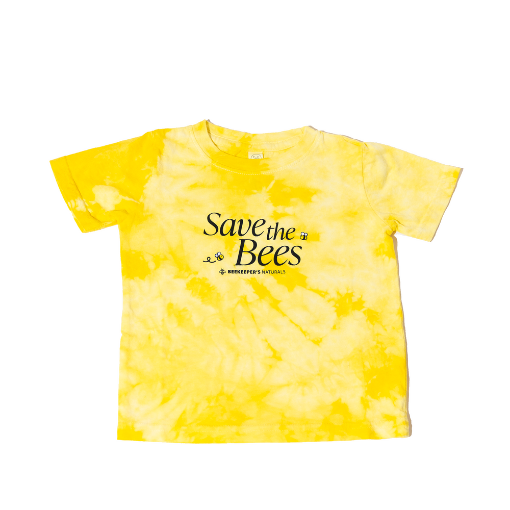 Yellow tie-dye t-shirt with 'Save the Bees' text on a white background