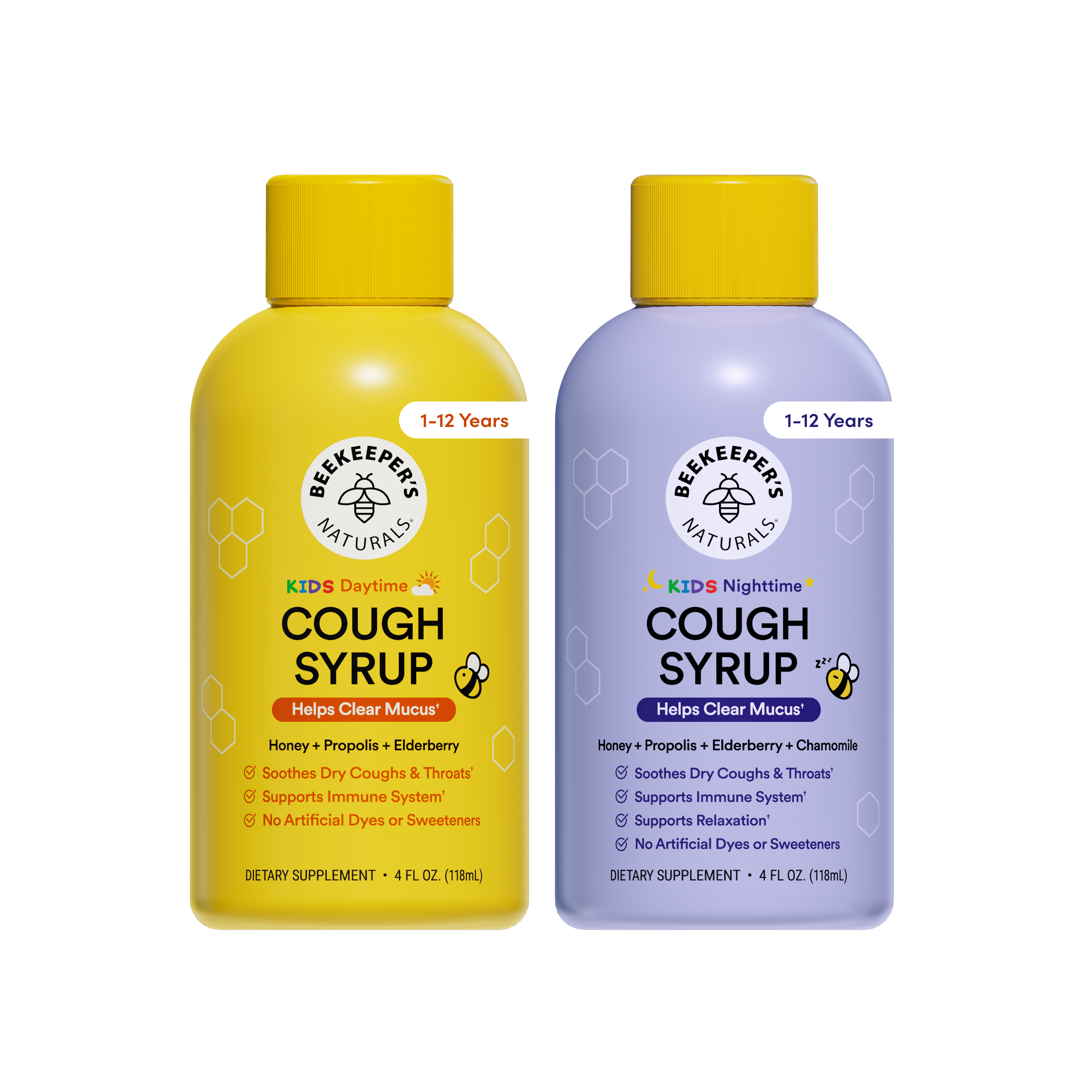 Two bottles of Beekeeper's Naturals cough syrup, one yellow and one purple, on a white background.