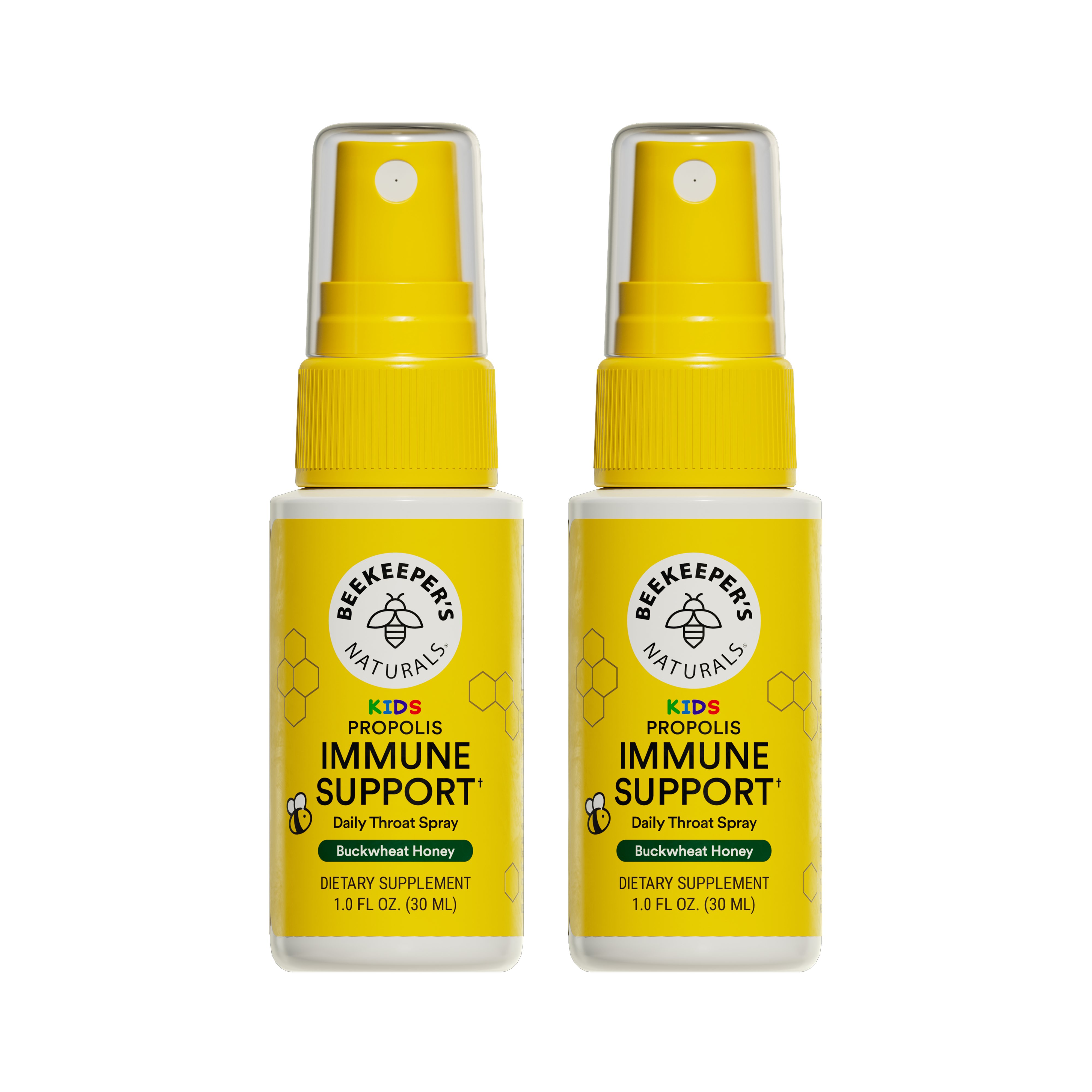 Two bottles of Beekeeper's Naturals Kid's Propolis Immune Support daily throat spray on a white background