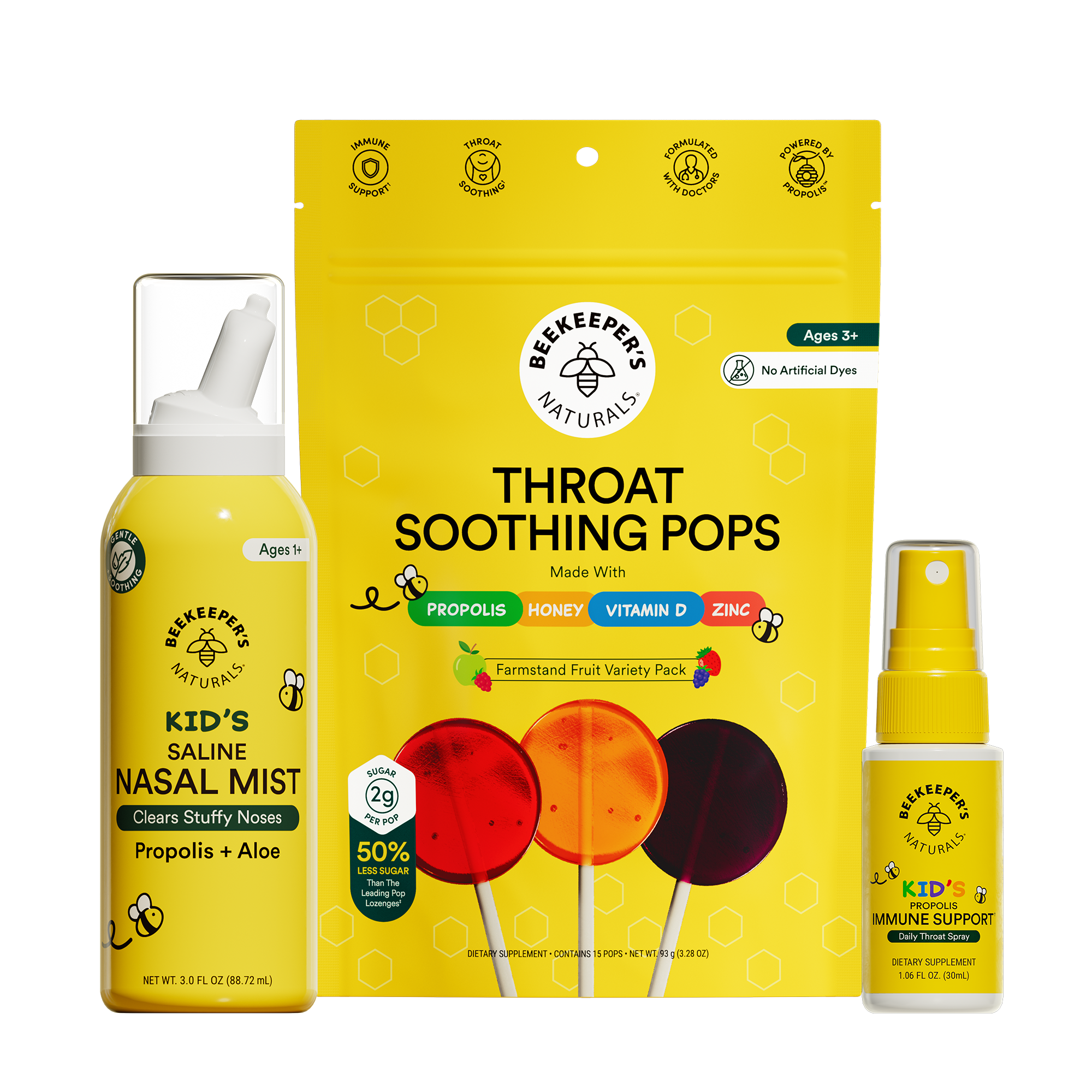 Three yellow health products with Beekeeper's Naturals branding on a white background