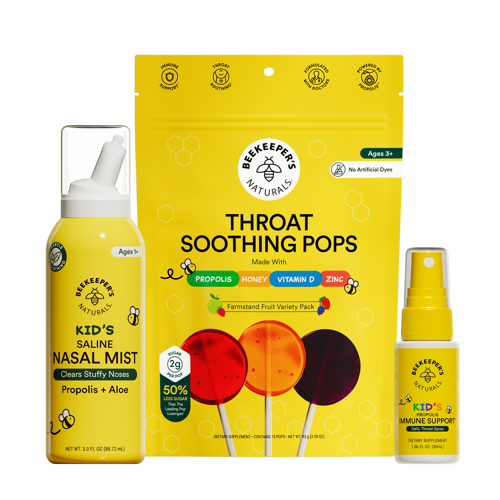 Three yellow health products with Beekeeper's Naturals branding on a white background