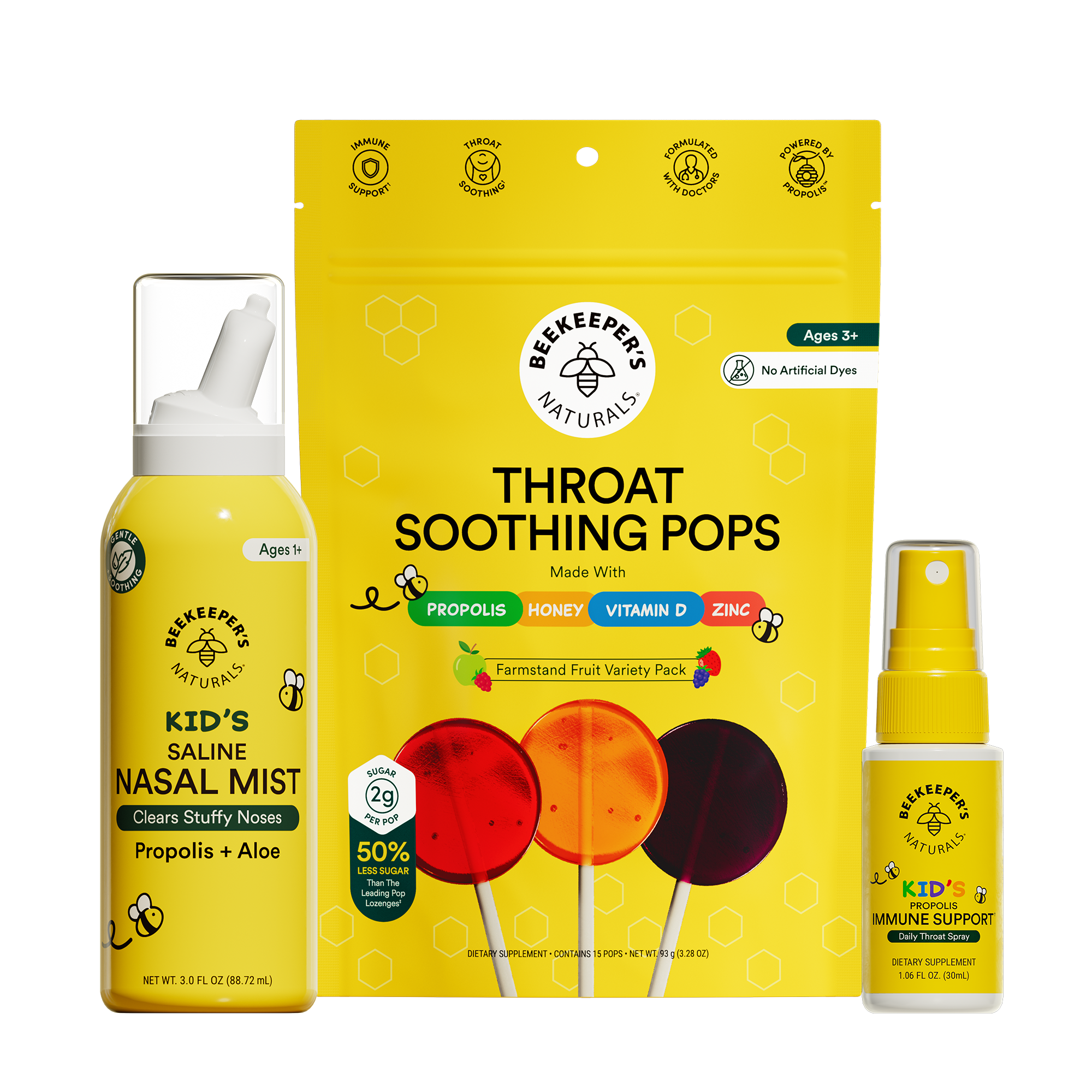 Three yellow health products with Beekeeper's Naturals branding on a white background