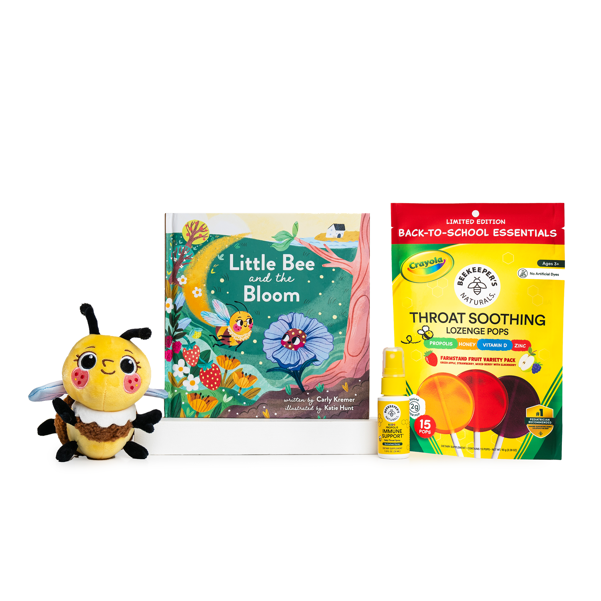 Little Bee and the bloom children's book, bee stuffed animal, beekeeper's naturals throat soothing lozenge pops, beekeeper's naturals kids immune support throat spray all on a shite background.